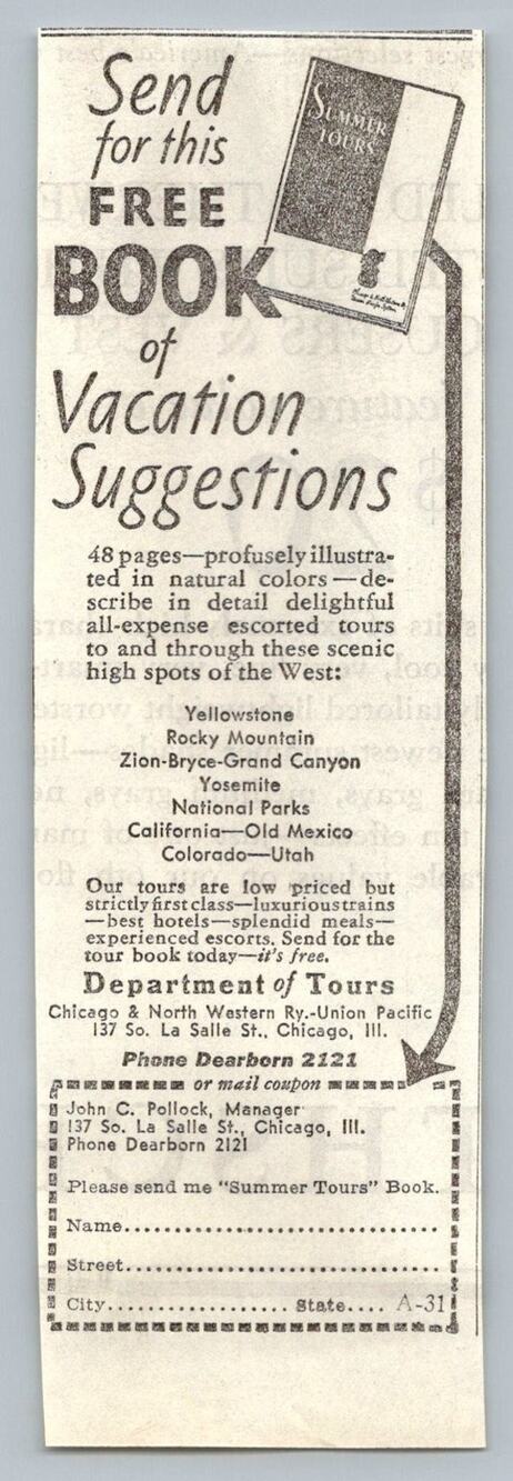 1933 Chicago & North Western Union Pacific Western Tours Ad Ephemera